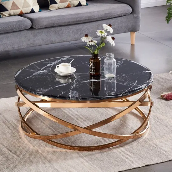 Tables basses de luxe modernes en verre de marbre noir, Tables de salon rondes en acier inoxydable doré